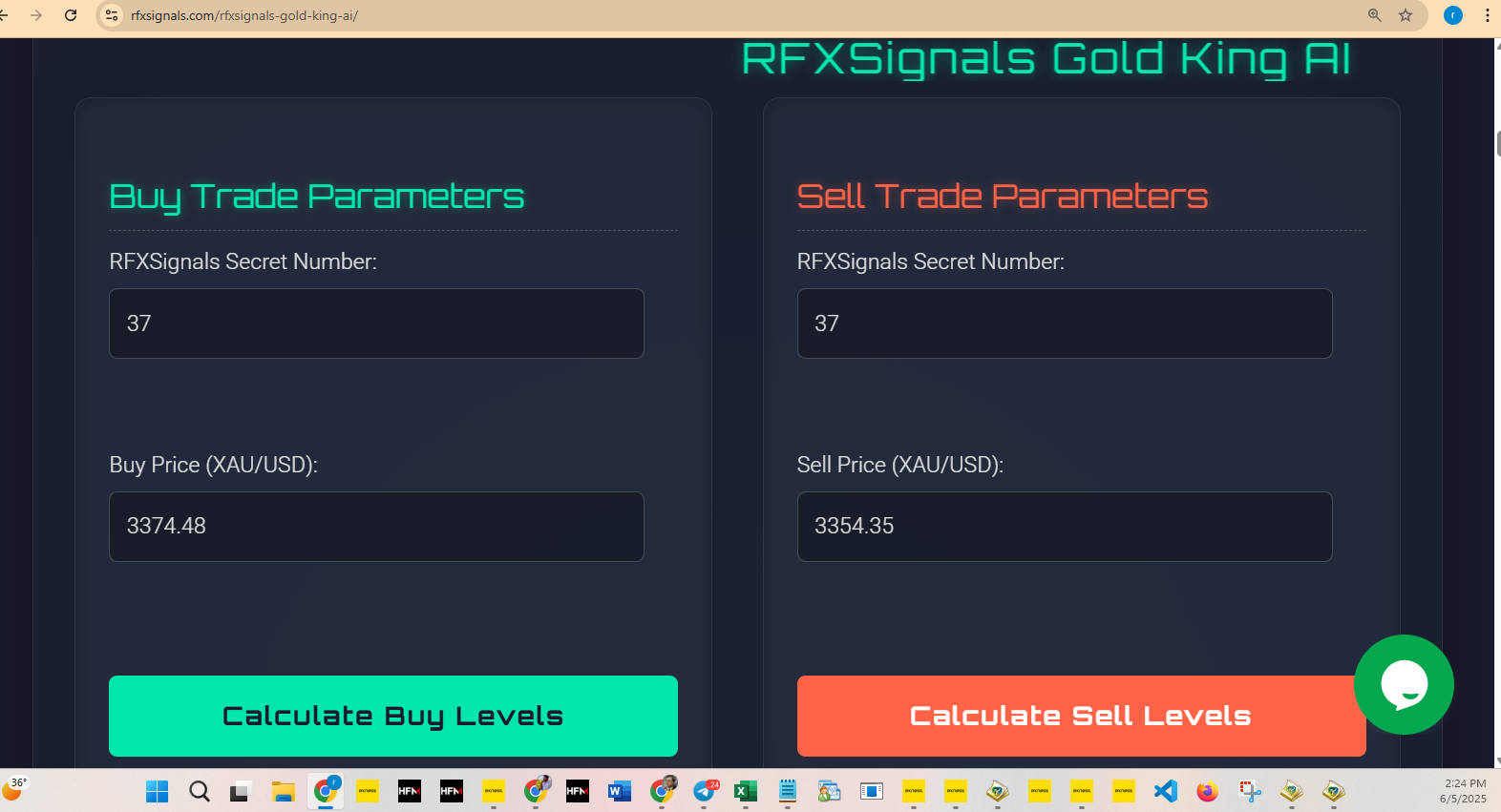 Navigate to the Rfxsignals Gold King AI calculator webpage